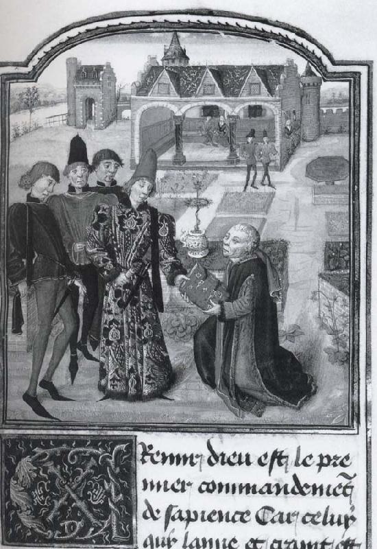 unknow artist Guillbert de Lannoy presenting his book L-Instruction d-un jeune prince to Charles the Bold in a garden oil painting image